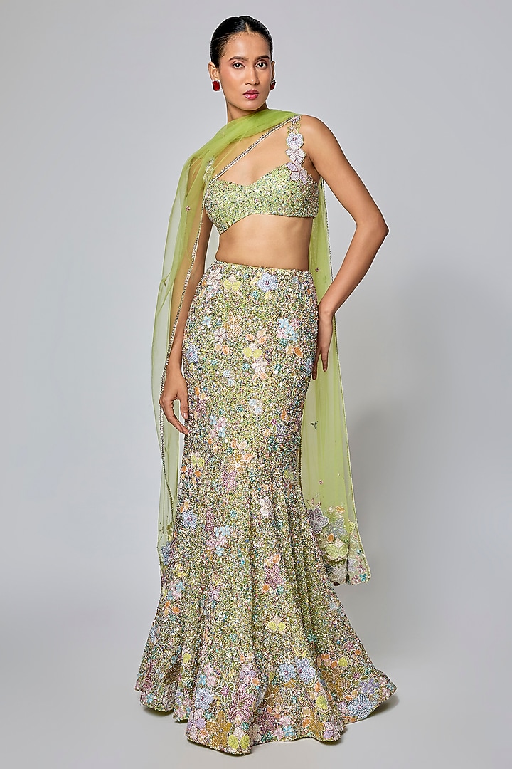 Lime Green Tulle Applique Embellished Bridal Lehenga Set by Aisha Rao at Pernia's Pop Up Shop