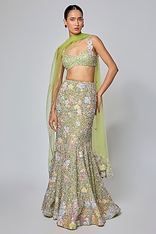 Lime Green Tulle Applique Embellished Lehenga Set by Aisha Rao