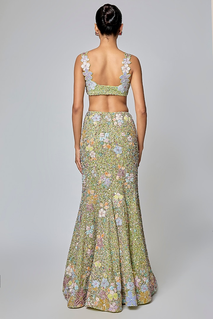 Lime Green Tulle Applique Embellished Bridal Lehenga Set by Aisha Rao at Pernia's Pop Up Shop