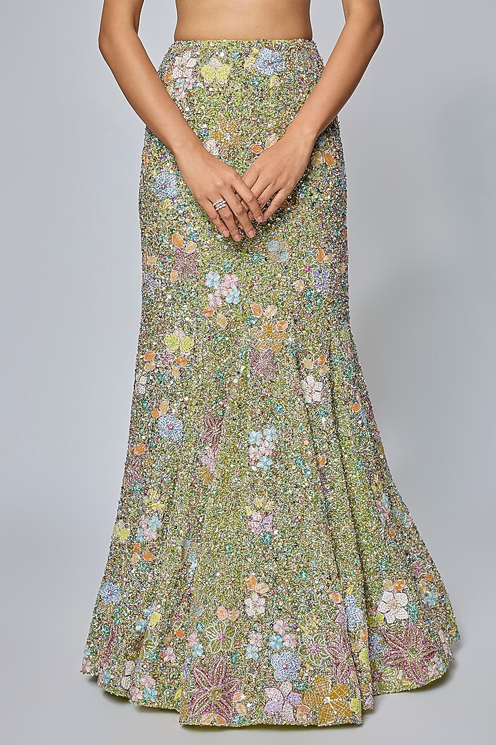 Lime Green Tulle Applique Embellished Bridal Lehenga Set by Aisha Rao at Pernia's Pop Up Shop