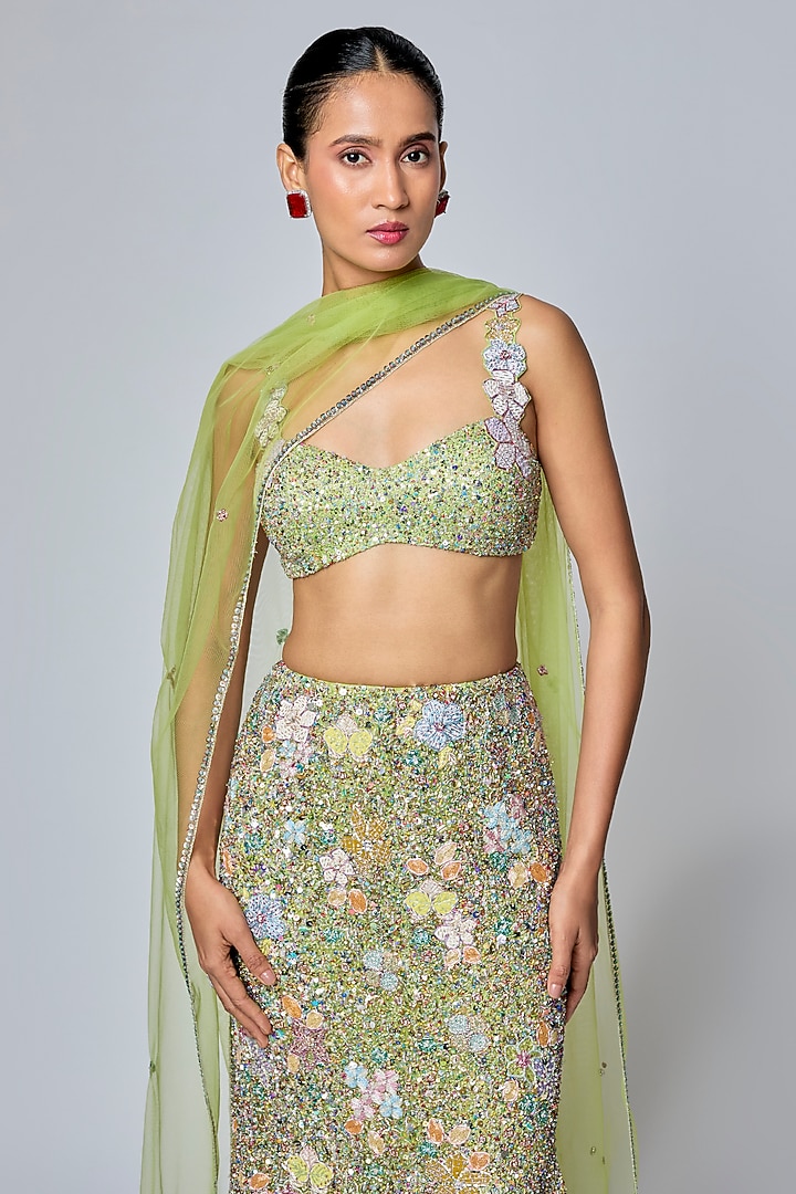 Lime Green Tulle Applique Embellished Bridal Lehenga Set by Aisha Rao at Pernia's Pop Up Shop
