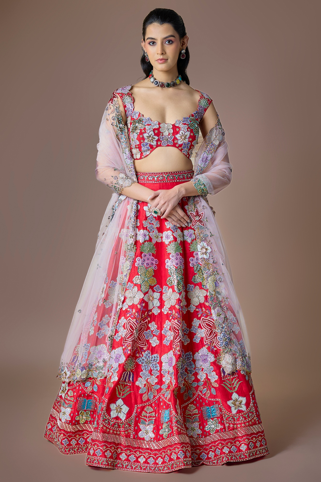 Aisha Rao Red Raw Silk Applique Embellished Lehenga Set