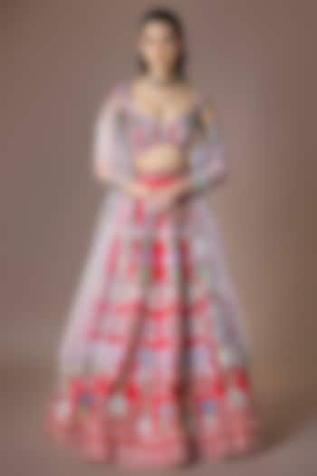Red Raw Silk Applique Embellished Bridal Lehenga Set by Aisha Rao at Pernia's Pop Up Shop