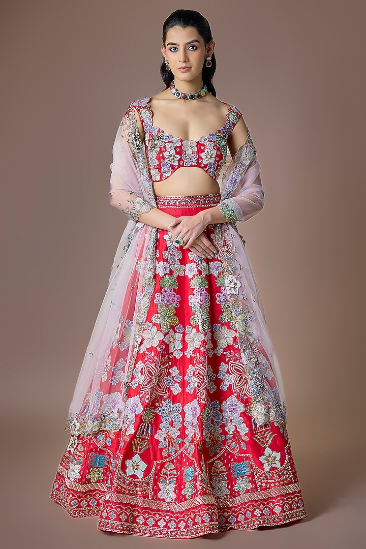 Red Raw Silk Applique Embellished Bridal Lehenga Set by Aisha Rao at Pernia's Pop Up Shop