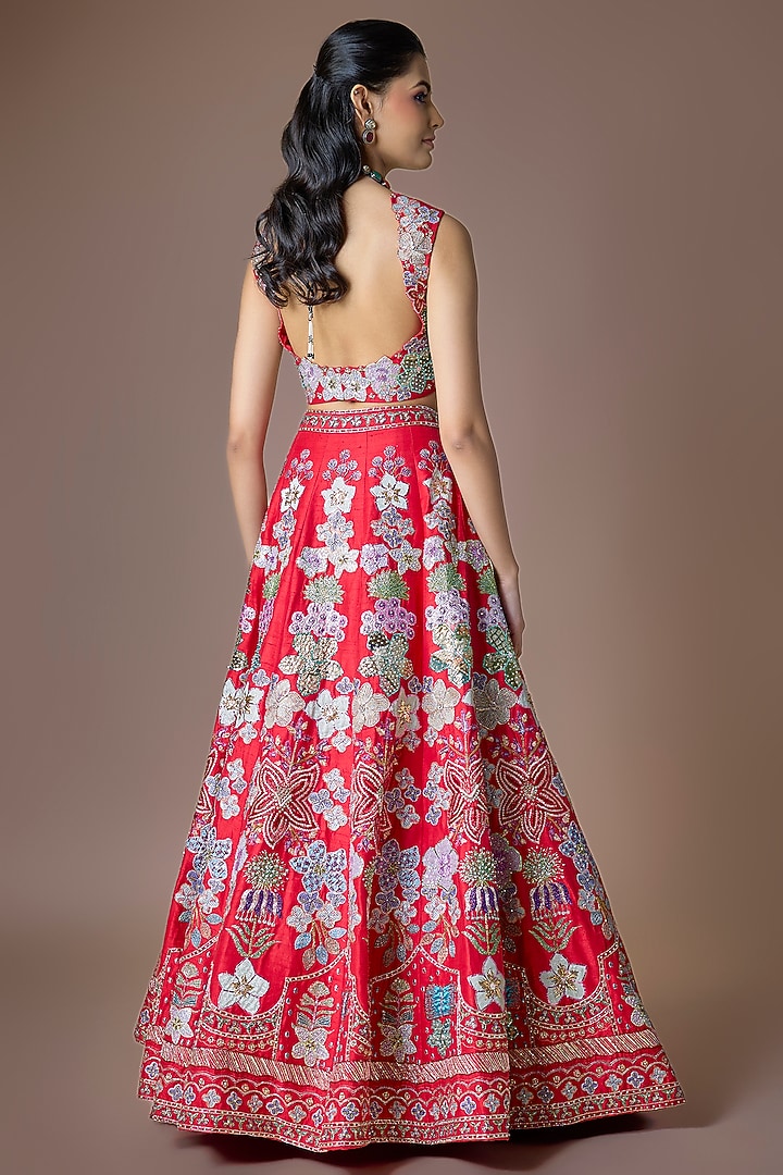 Red Raw Silk Applique Embellished Bridal Lehenga Set by Aisha Rao at Pernia's Pop Up Shop