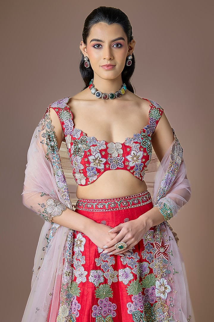 Red Raw Silk Applique Embellished Bridal Lehenga Set by Aisha Rao at Pernia's Pop Up Shop