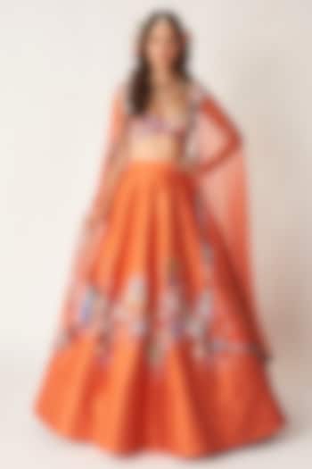 Orange Raw Silk Applique Embellished Bridal Lehenga Set by Aisha Rao at Pernia's Pop Up Shop
