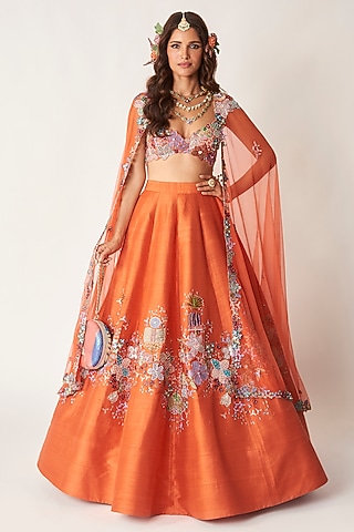 Orange Raw Silk Applique Embellished Lehenga Set by Aisha Rao