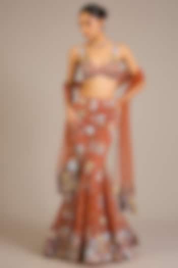 Orange Tulle Applique Embellished Mermaid Bridal Lehenga Set by Aisha Rao at Pernia's Pop Up Shop