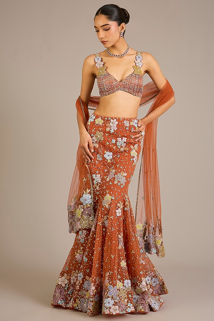 Orange Tulle Applique Embellished Mermaid Bridal Lehenga Set by Aisha Rao at Pernia's Pop Up Shop