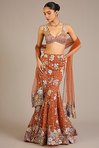 Orange Tulle Applique Embellished Mermaid Lehenga Set by Aisha Rao