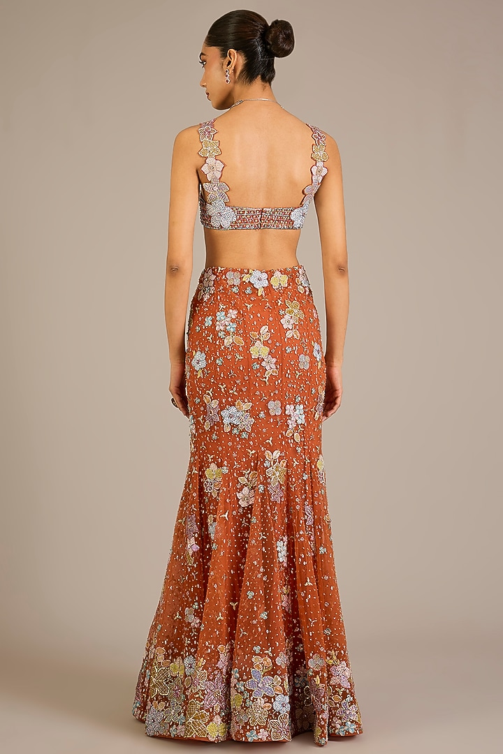 Orange Tulle Applique Embellished Mermaid Bridal Lehenga Set by Aisha Rao at Pernia's Pop Up Shop
