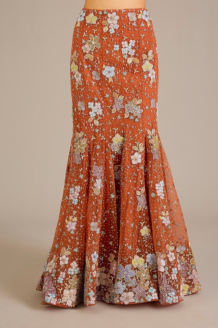 Orange Tulle Applique Embellished Mermaid Bridal Lehenga Set by Aisha Rao at Pernia's Pop Up Shop