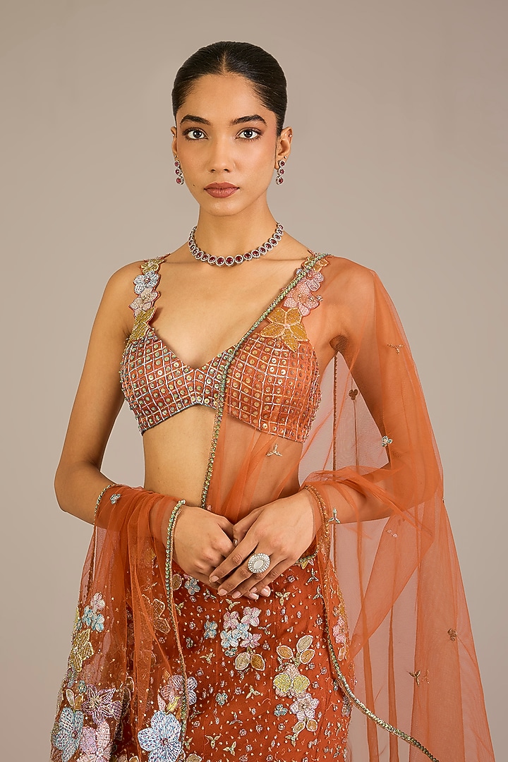 Orange Tulle Applique Embellished Mermaid Bridal Lehenga Set by Aisha Rao at Pernia's Pop Up Shop