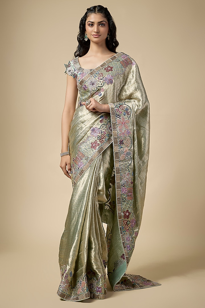 Light Gold Kanjivaram Silk Applique Embellished Bridal Saree Set by Aisha Rao at Pernia's Pop Up Shop