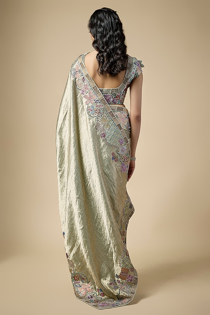 Light Gold Kanjivaram Silk Applique Embellished Bridal Saree Set by Aisha Rao at Pernia's Pop Up Shop