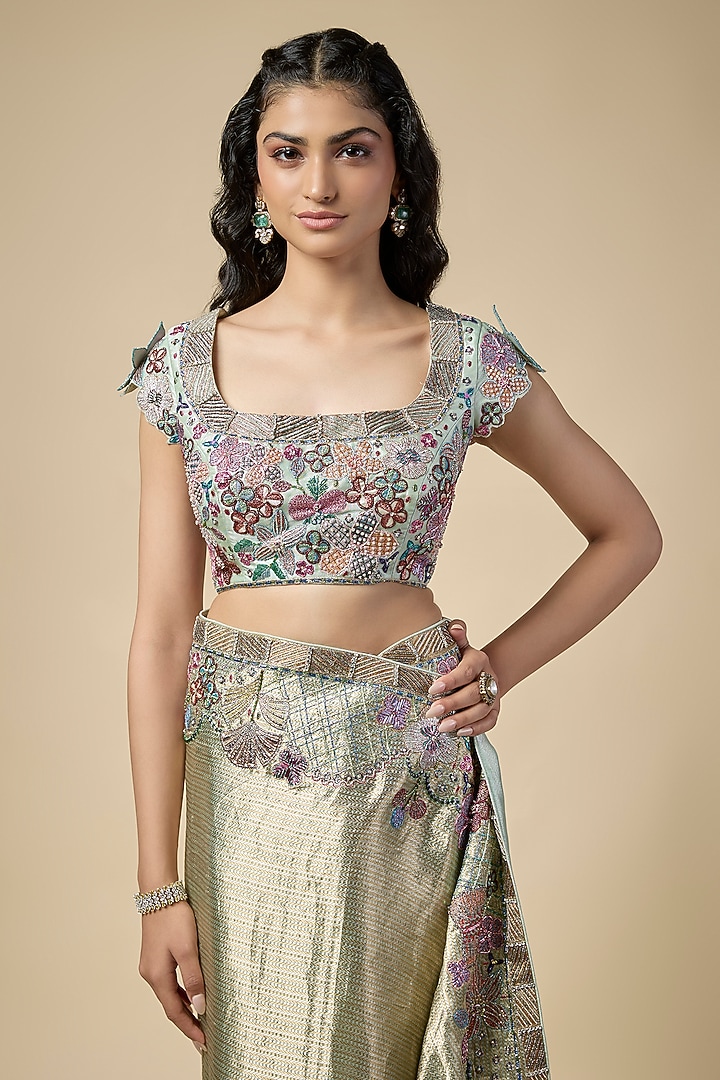 Light Gold Kanjivaram Silk Applique Embellished Bridal Saree Set by Aisha Rao at Pernia's Pop Up Shop