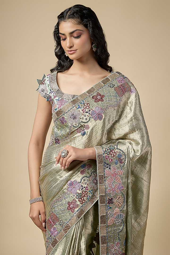Light Gold Kanjivaram Silk Applique Embellished Bridal Saree Set by Aisha Rao at Pernia's Pop Up Shop