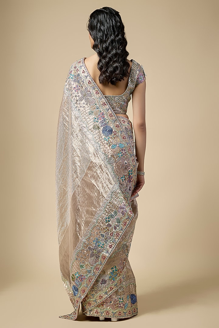 Champagne Banarasi Tissue Brocade Applique Embellished Bridal Saree Set by Aisha Rao at Pernia's Pop Up Shop