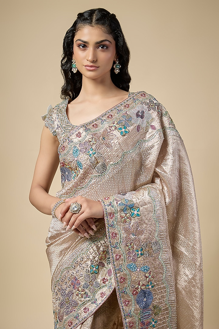 Champagne Banarasi Tissue Brocade Applique Embellished Bridal Saree Set by Aisha Rao at Pernia's Pop Up Shop