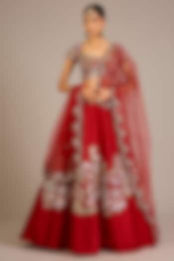 Red Raw Silk Applique Embellished Bridal Lehenga Set by Aisha Rao at Pernia's Pop Up Shop