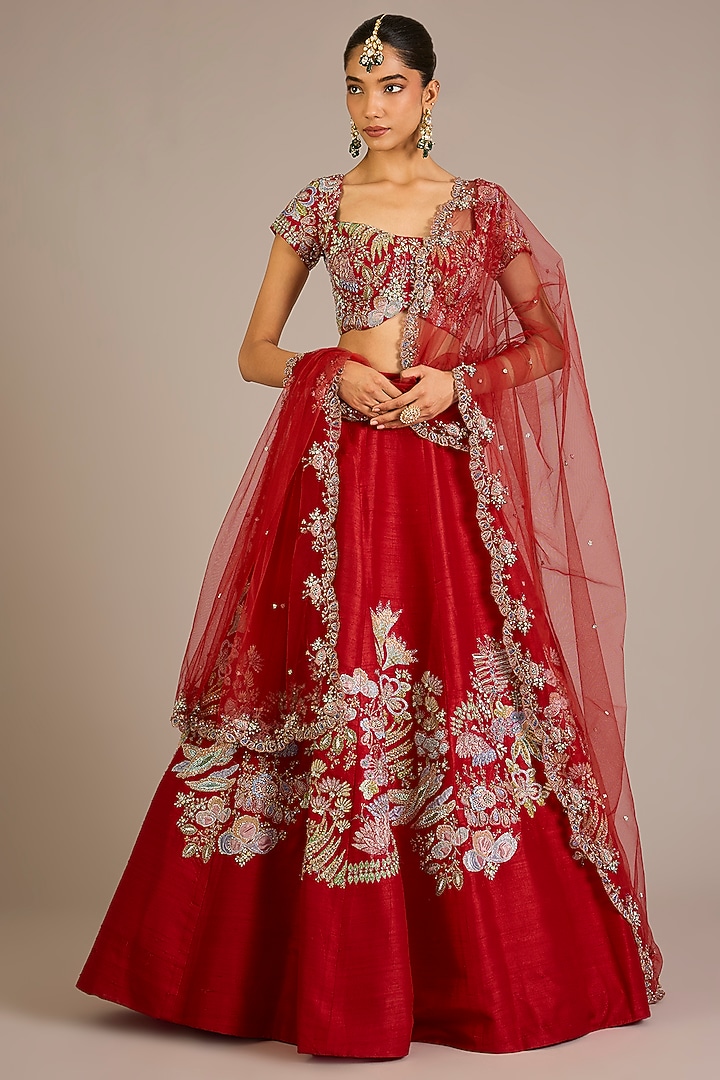 Red Raw Silk Applique Embellished Bridal Lehenga Set by Aisha Rao at Pernia's Pop Up Shop