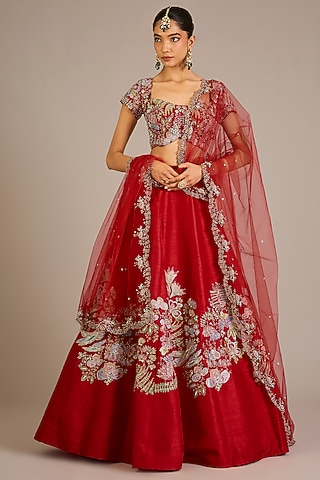 Red Raw Silk Applique Embellished Lehenga Set by Aisha Rao