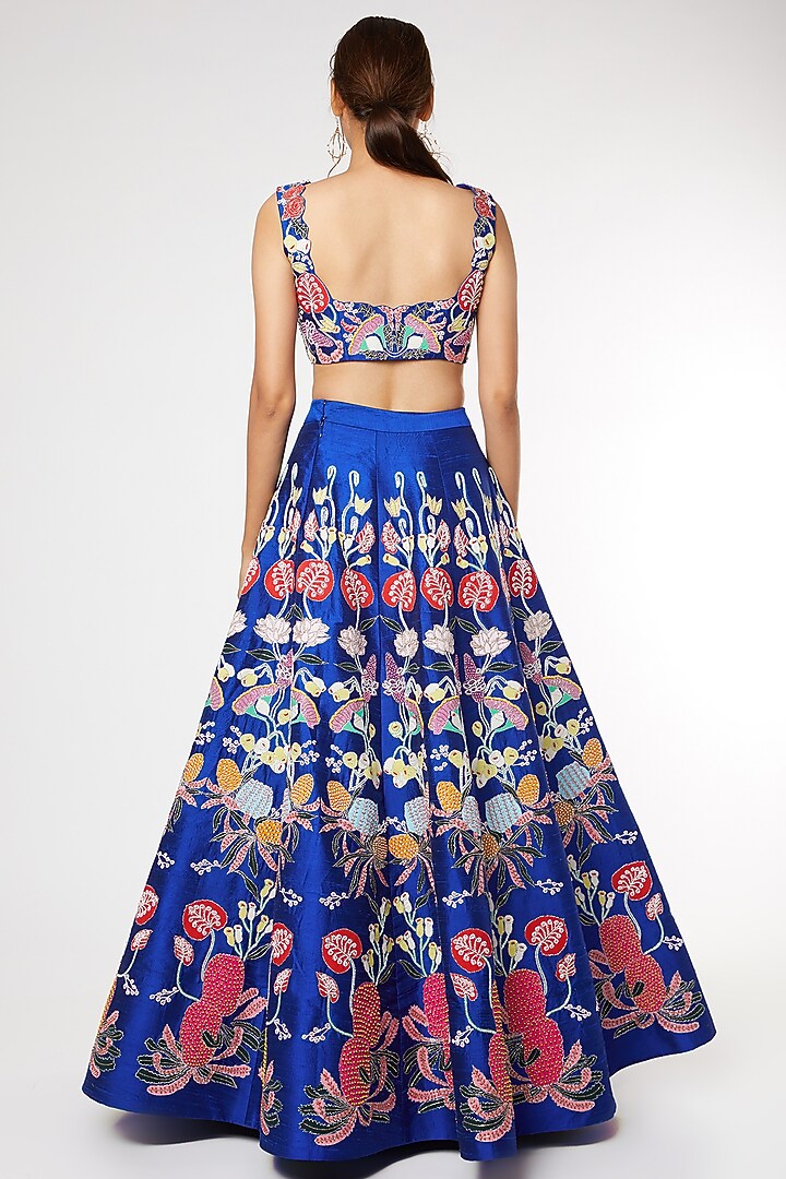 Blue Applique Embroidered Bridal Lehenga Set by Aisha Rao at Pernia's Pop Up Shop