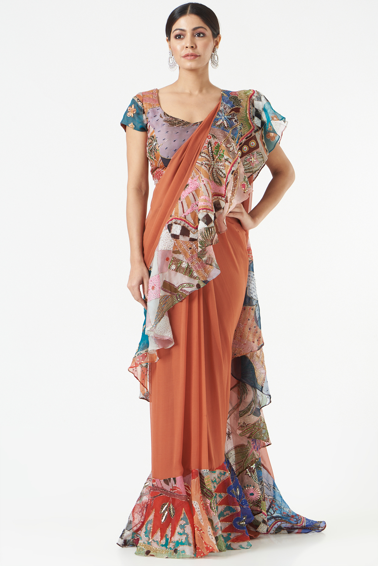 Orange Printed Ruffle Saree Set by Aisha Rao