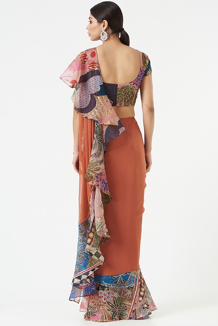 Orange Printed Ruffle Reception Saree Set by Aisha Rao at Pernia's Pop Up Shop