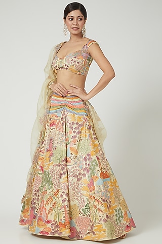 Ivory Beige Applique Lehenga Set by Aisha Rao