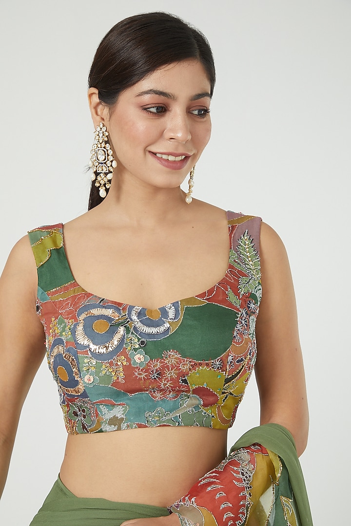 Green Indian Organza Printed & Embellished Reception Saree Set by Aisha Rao at Pernia's Pop Up Shop