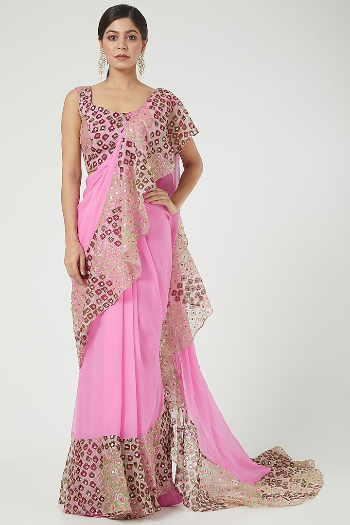 Light Pink Printed & Embellished Ruffled Saree Set by Aisha Rao