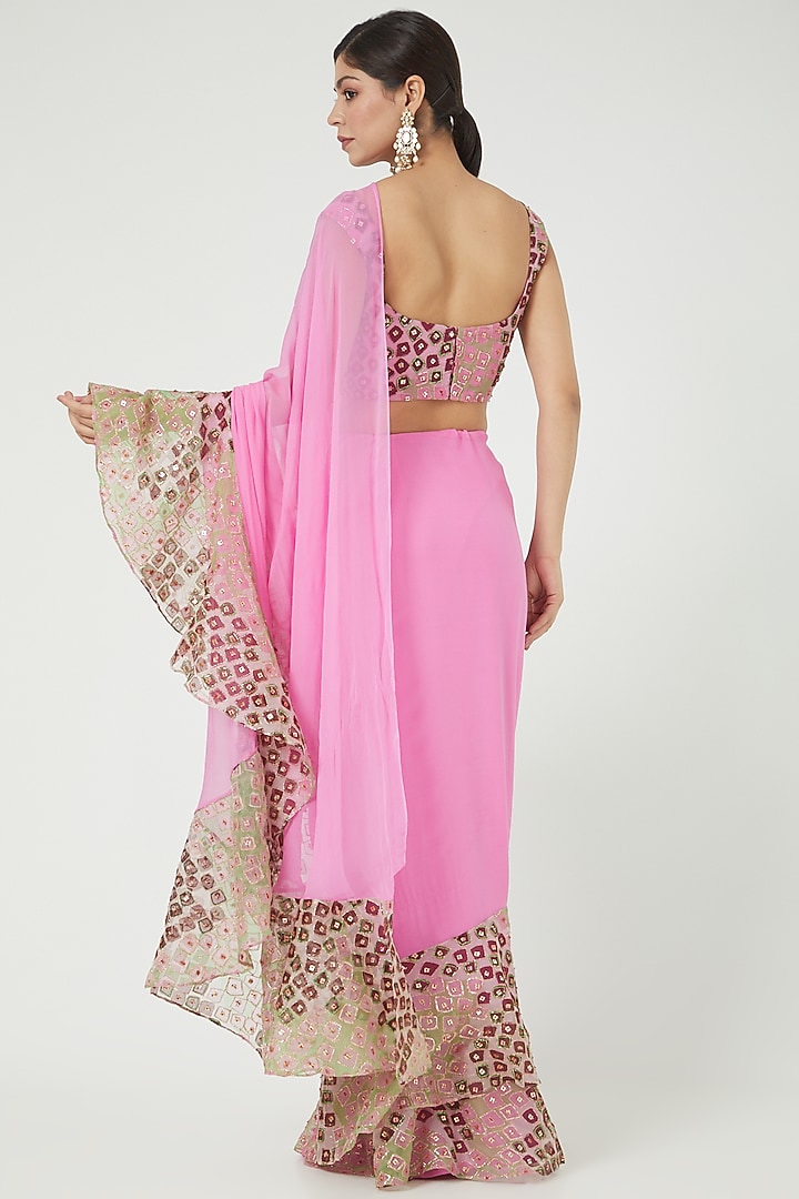 Light Pink Printed & Embellished Ruffled Reception Saree Set by Aisha Rao at Pernia's Pop Up Shop