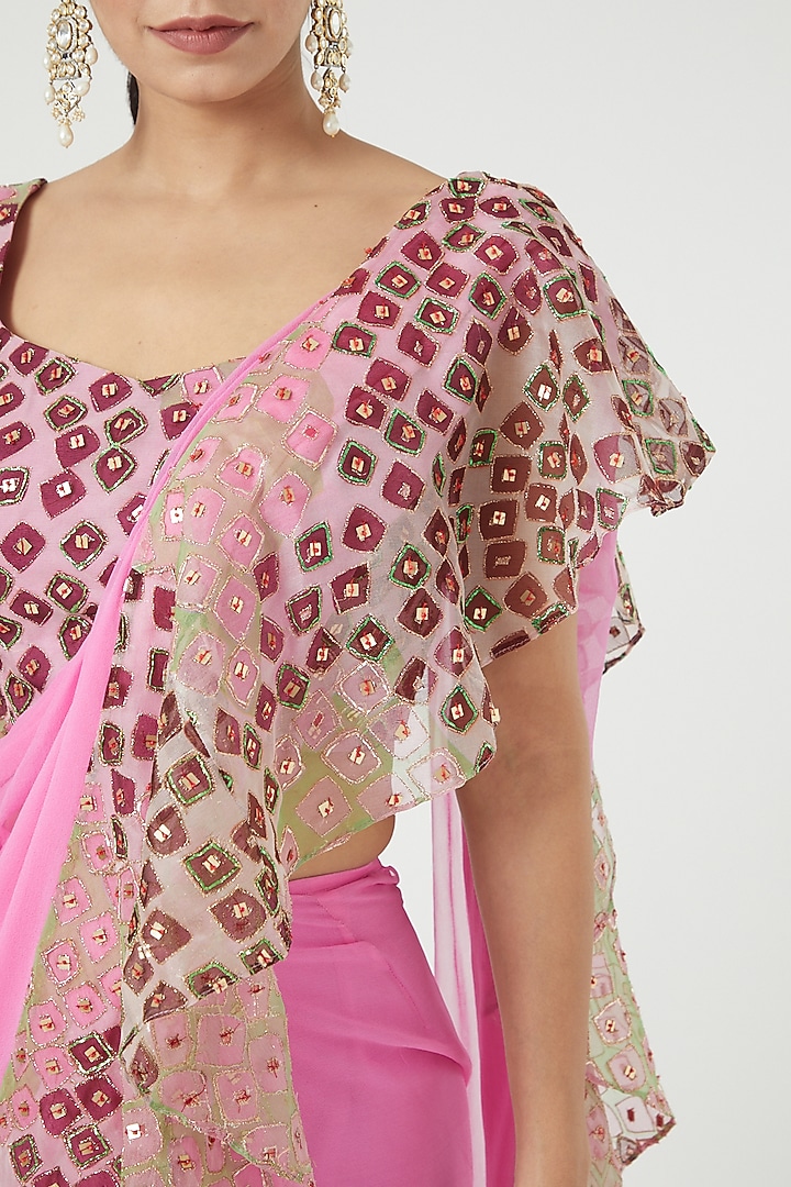 Light Pink Printed & Embellished Ruffled Reception Saree Set by Aisha Rao at Pernia's Pop Up Shop