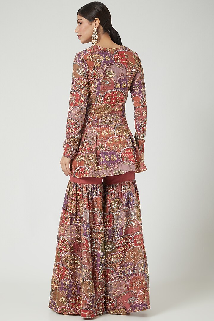 Peach Printed & Embellished Scalloped Bridal Sharara Set by Aisha Rao at Pernia's Pop Up Shop