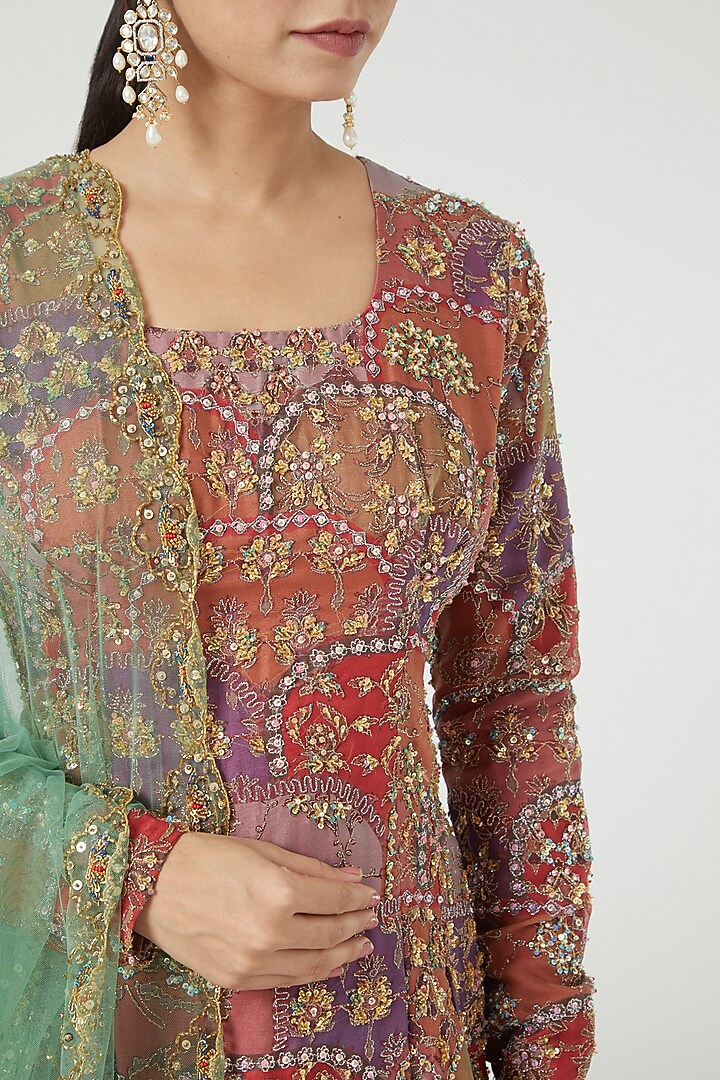 Peach Printed & Embellished Scalloped Bridal Sharara Set by Aisha Rao at Pernia's Pop Up Shop