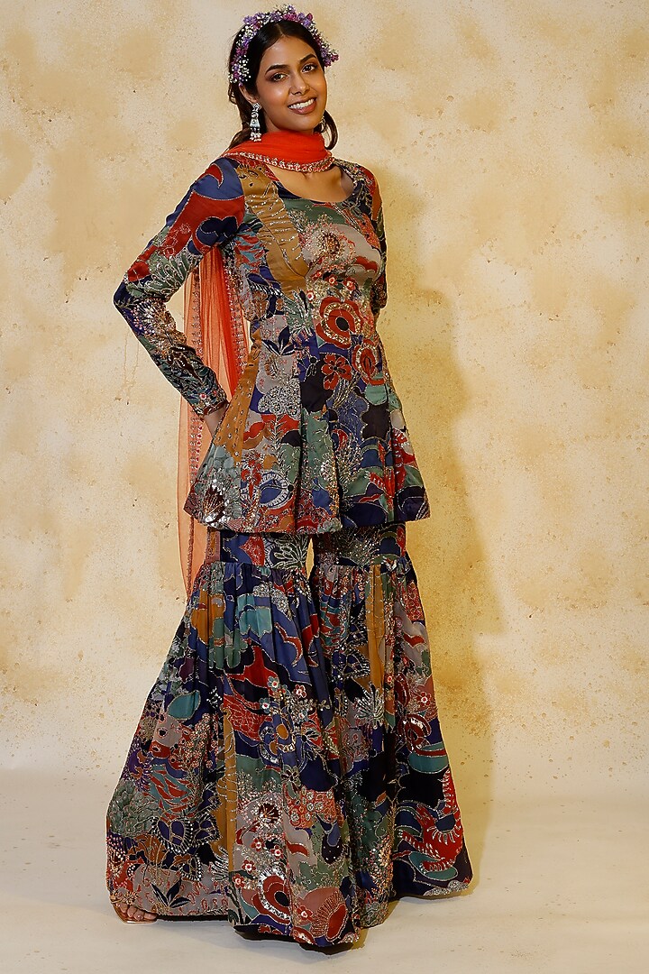 Blue Printed Bridal Sharara Set by Aisha Rao at Pernia's Pop Up Shop
