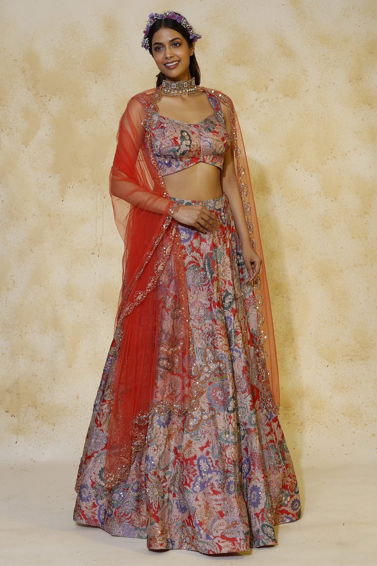 Red Embellished & Printed Bridal Lehenga Set by Aisha Rao at Pernia's Pop Up Shop