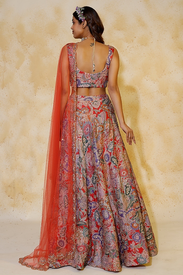 Red Embellished & Printed Bridal Lehenga Set by Aisha Rao at Pernia's Pop Up Shop