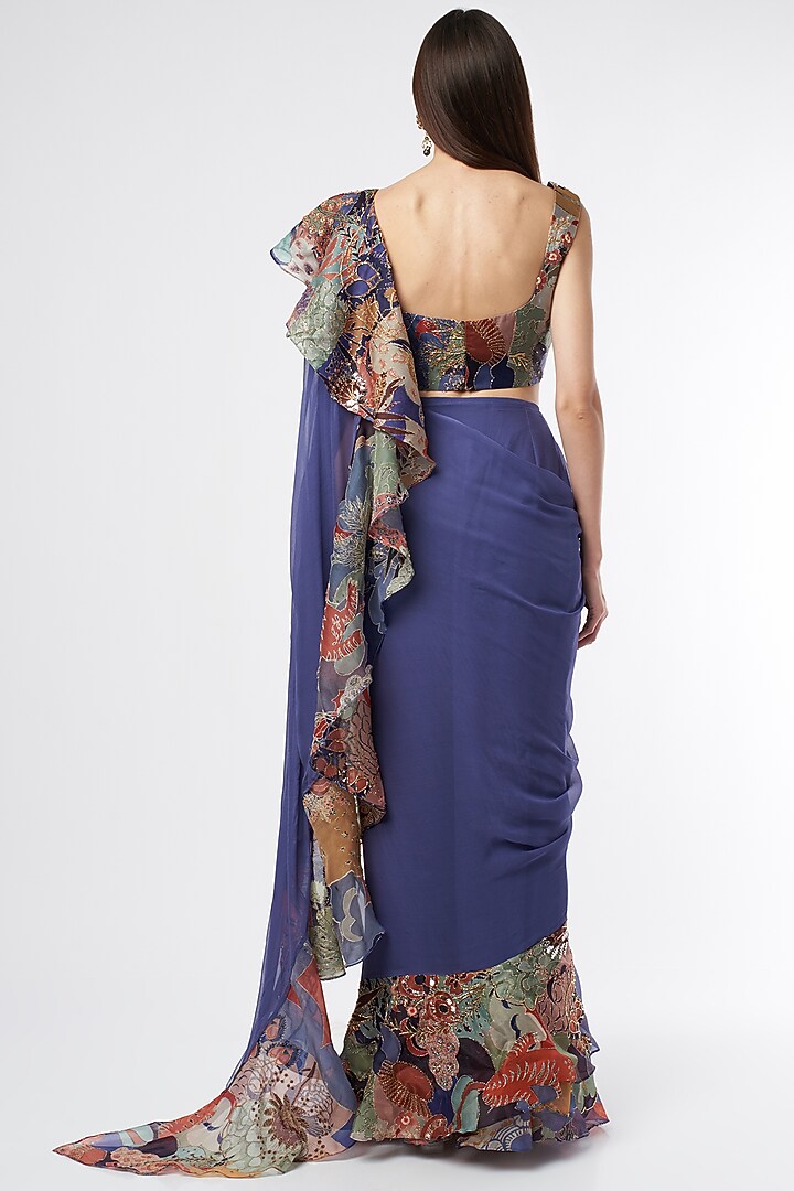Violet Indian Organza Printed Ruffled Reception Saree Set by Aisha Rao at Pernia's Pop Up Shop