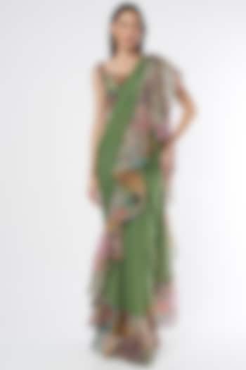 Green Printed Ruffled Saree Set by Aisha Rao
