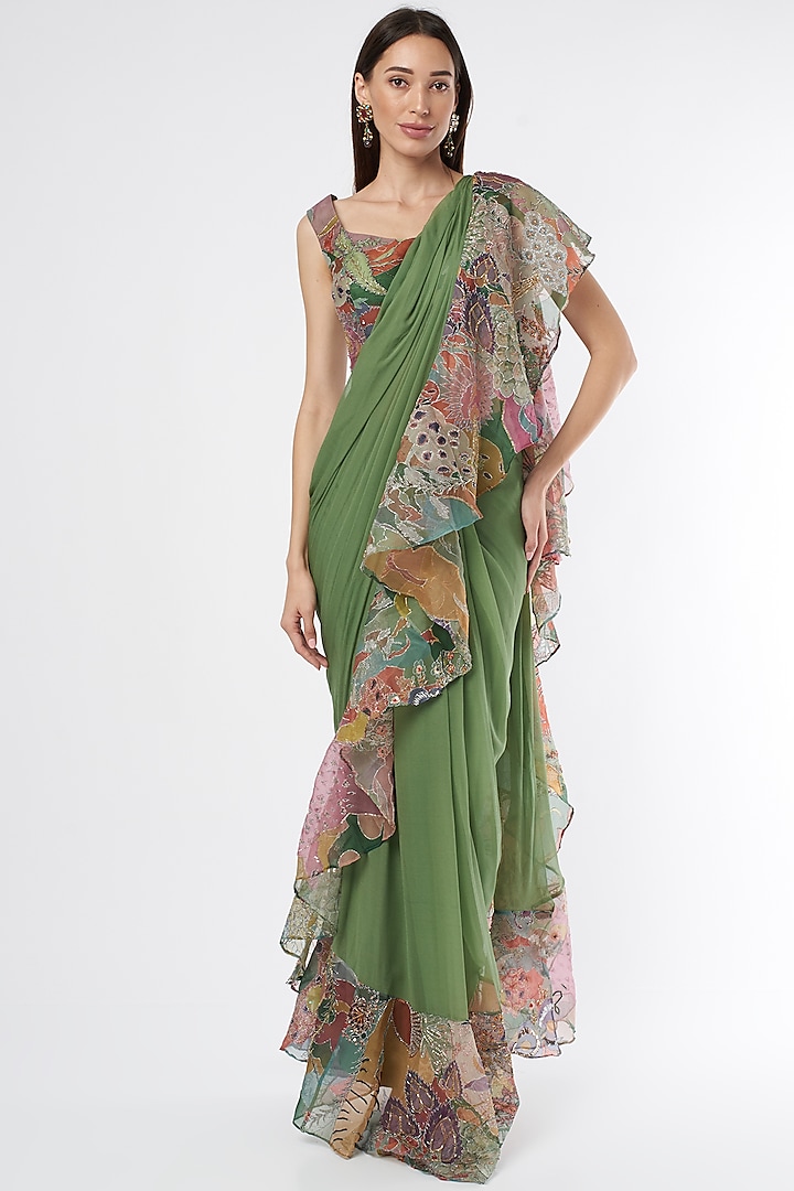 Green Printed Ruffled Saree Set by Aisha Rao