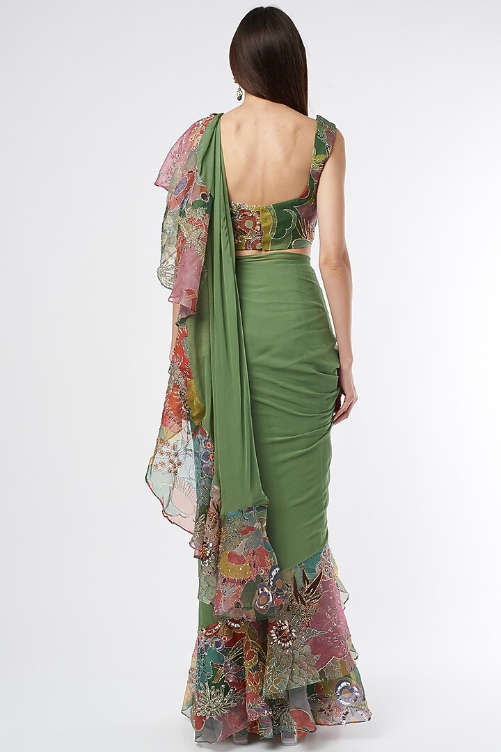 Green Printed Ruffled Reception Saree Set by Aisha Rao at Pernia's Pop Up Shop