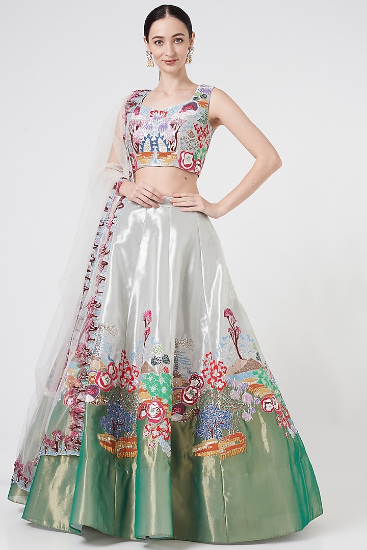Ivory & Green Embellished Bridal Lehenga Set by Aisha Rao at Pernia's Pop Up Shop