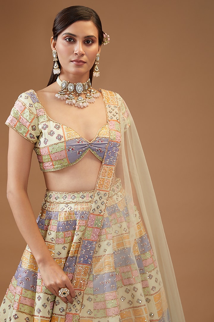 Multi-Colored Kasab Satin Printed Bridal Lehenga Set by Aisha Rao at Pernia's Pop Up Shop