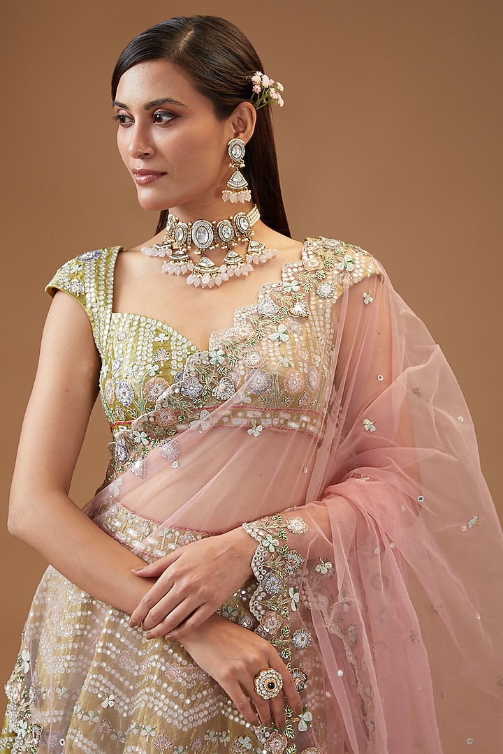Lime Green Tissue Embellished Bridal Lehenga Set by Aisha Rao at Pernia's Pop Up Shop