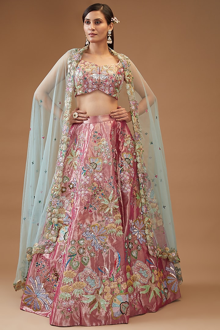 Pink Tissue Embellished Lehenga Set by Aisha Rao