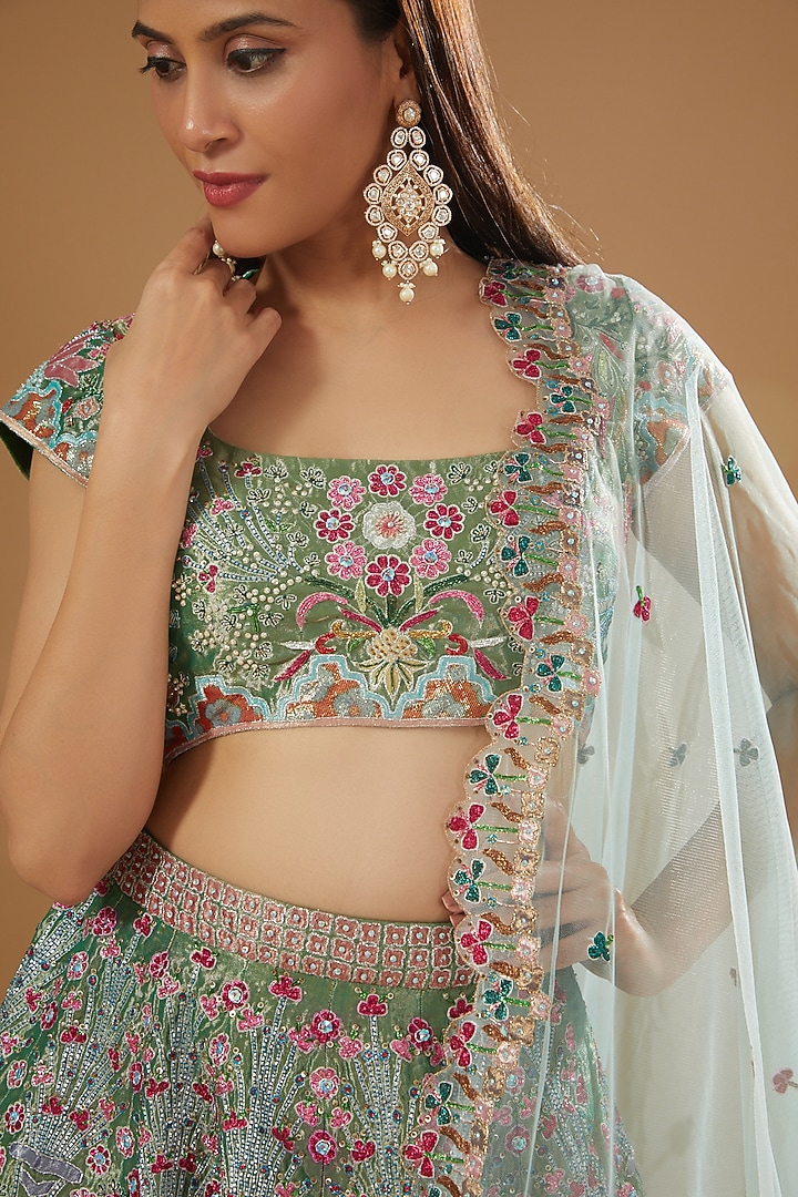 Green Tissue Embellished 12 Kali Bridal Lehenga Set by Aisha Rao at Pernia's Pop Up Shop