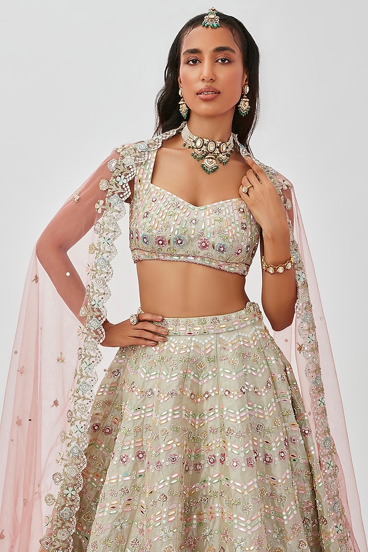 Ivory Tissue Embellished 12 Kali Bridal Lehenga Set by Aisha Rao at Pernia's Pop Up Shop